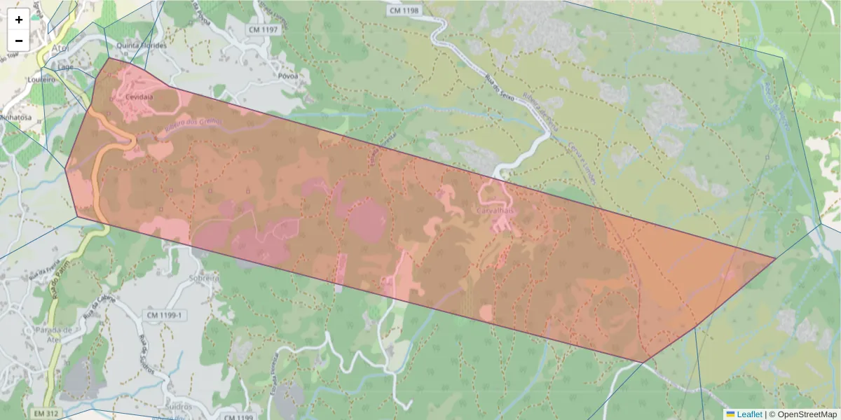 Mapa detalhado do código postal 4880-023 com limites, códigos postais vizinhos e agências dos correios