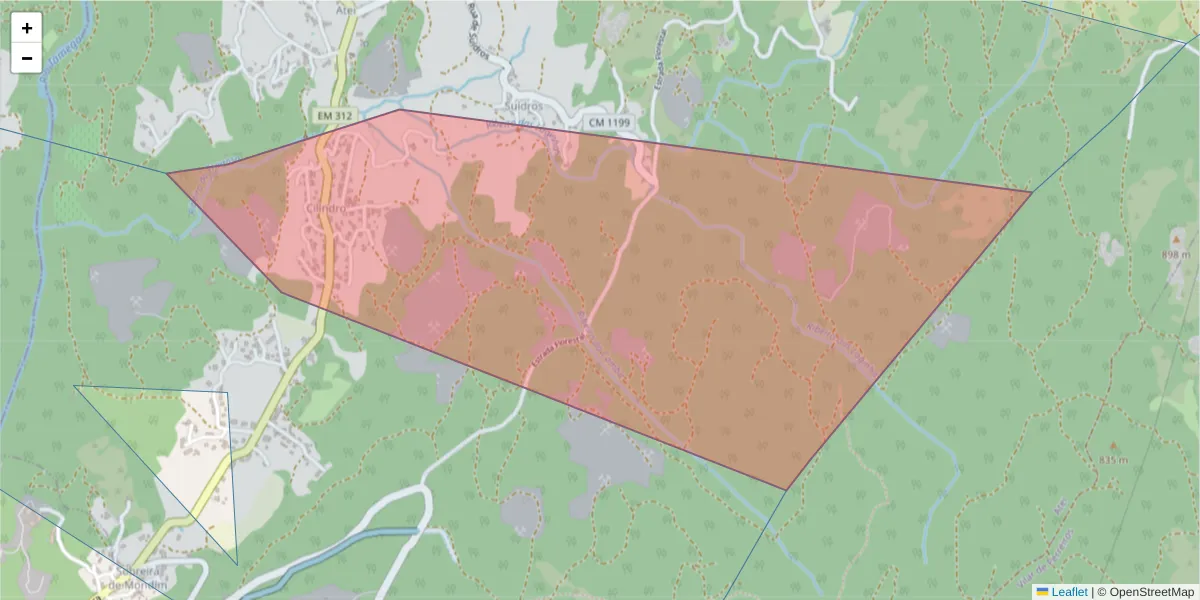 Mapa detalhado do código postal 4880-025 com limites, códigos postais vizinhos e agências dos correios