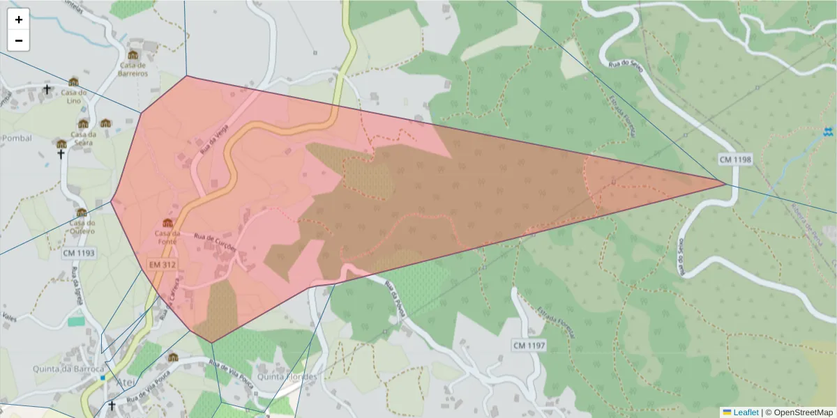 Mapa detalhado do código postal 4880-027 com limites, códigos postais vizinhos e agências dos correios