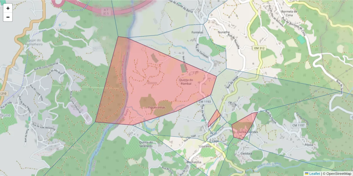 Mapa detalhado do código postal 4880-038 com limites, códigos postais vizinhos e agências dos correios