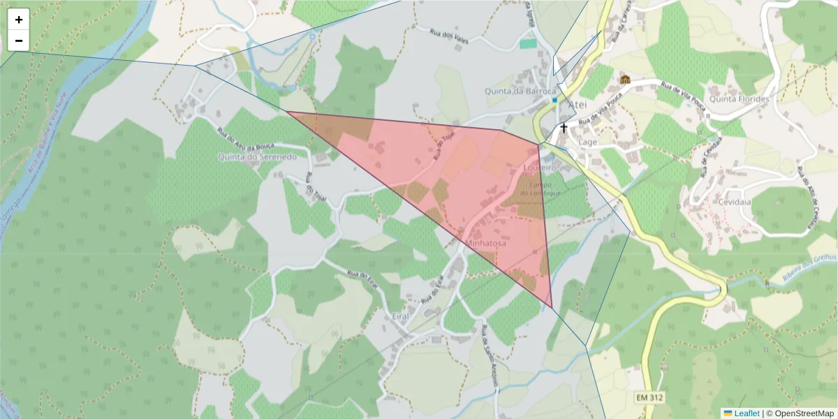 Mapa detalhado do código postal 4880-040 com limites, códigos postais vizinhos e agências dos correios