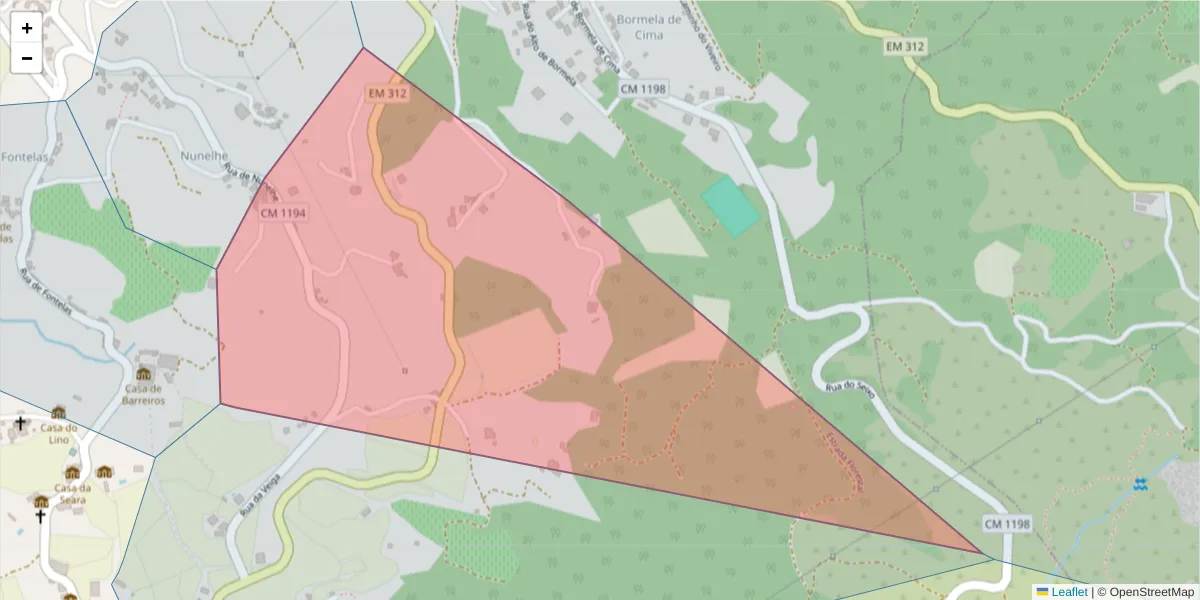 Mapa detalhado do código postal 4880-053 com limites, códigos postais vizinhos e agências dos correios