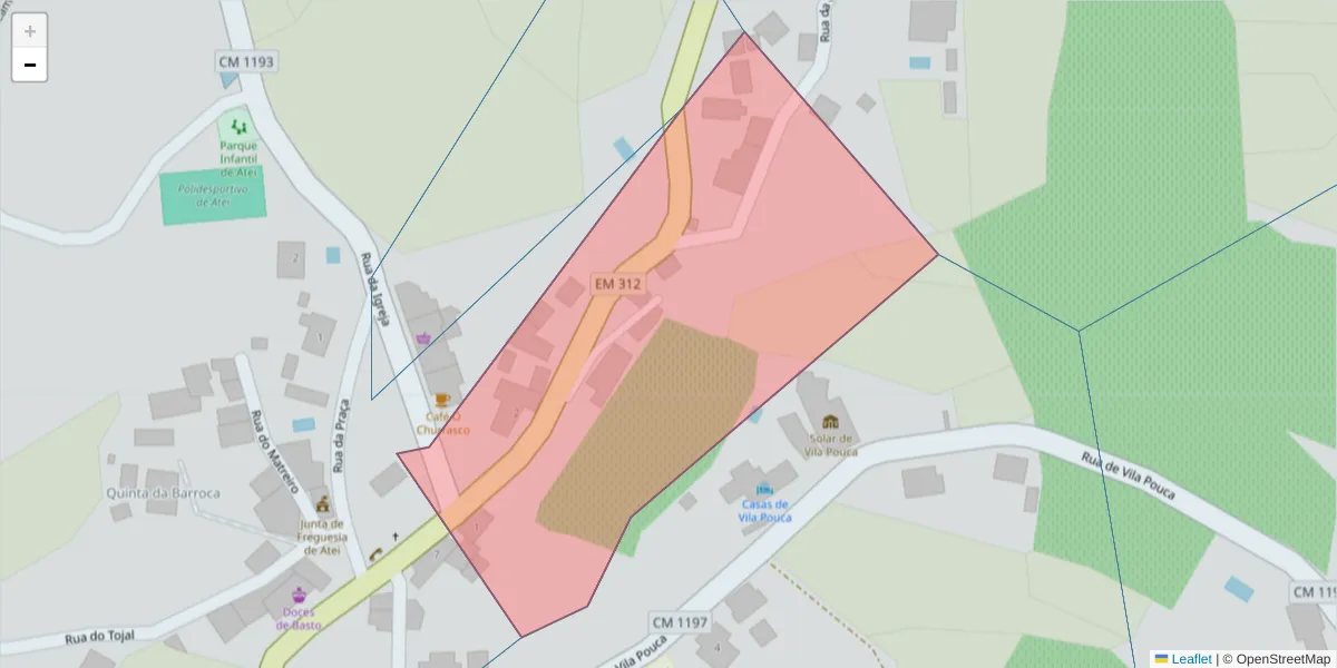 Mapa detalhado do código postal 4880-054 com limites, códigos postais vizinhos e agências dos correios