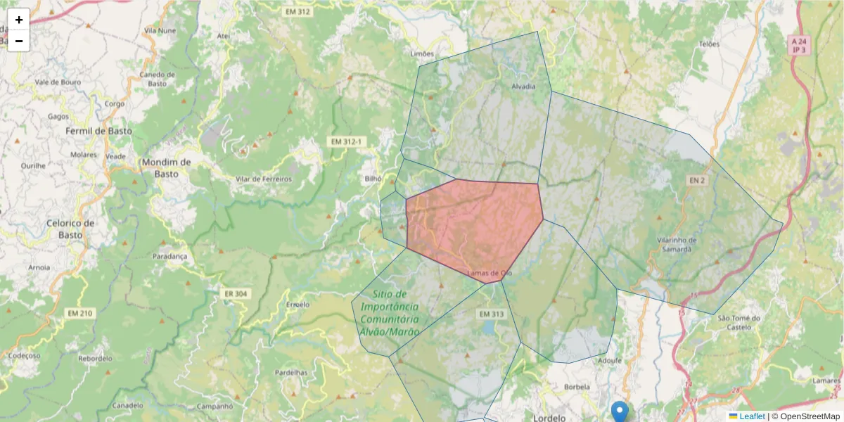 Mapa detalhado do código postal 4880-071 com limites, códigos postais vizinhos e agências dos correios