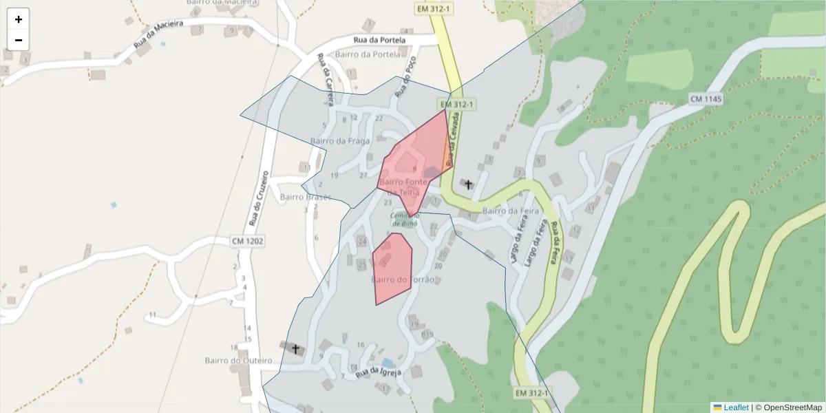 Mapa detalhado do código postal 4880-074 com limites, códigos postais vizinhos e agências dos correios