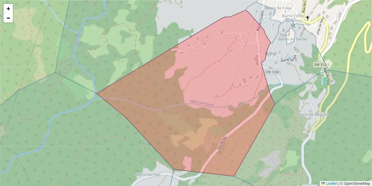 Mapa detalhado do código postal 4880-077 com limites, códigos postais vizinhos e agências dos correios
