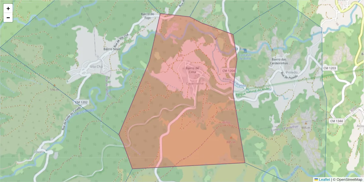 Mapa detalhado do código postal 4880-082 com limites, códigos postais vizinhos e agências dos correios