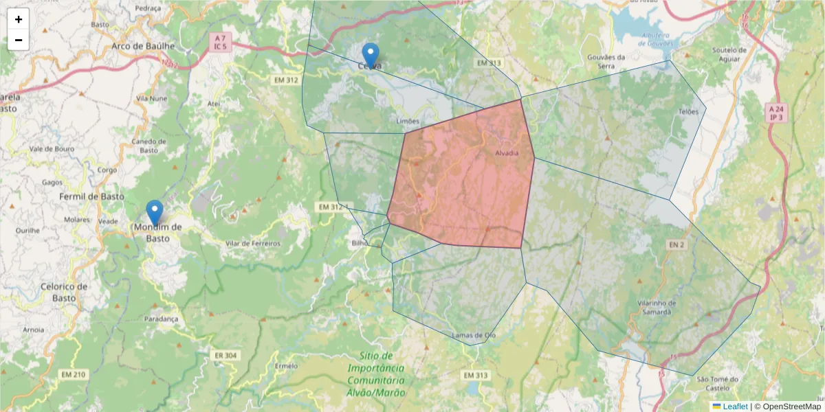 Mapa detalhado do código postal 4880-083 com limites, códigos postais vizinhos e agências dos correios