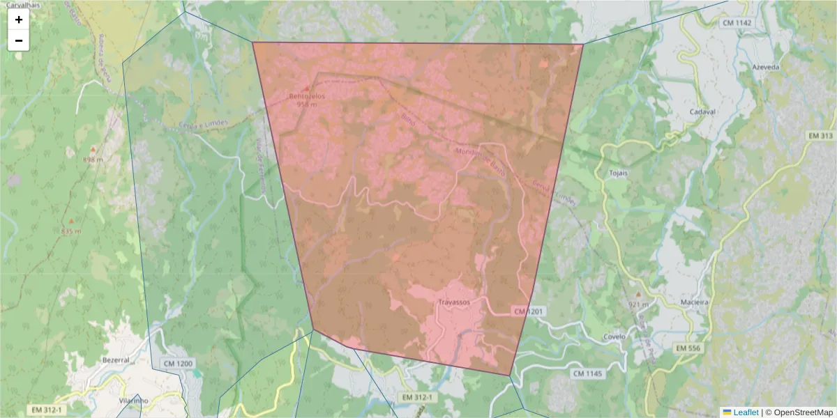 Mapa detalhado do código postal 4880-085 com limites, códigos postais vizinhos e agências dos correios