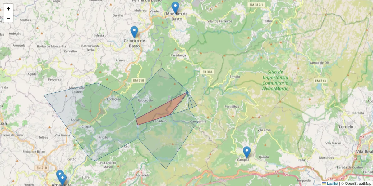Mapa detalhado do código postal 4880-108 com limites, códigos postais vizinhos e agências dos correios