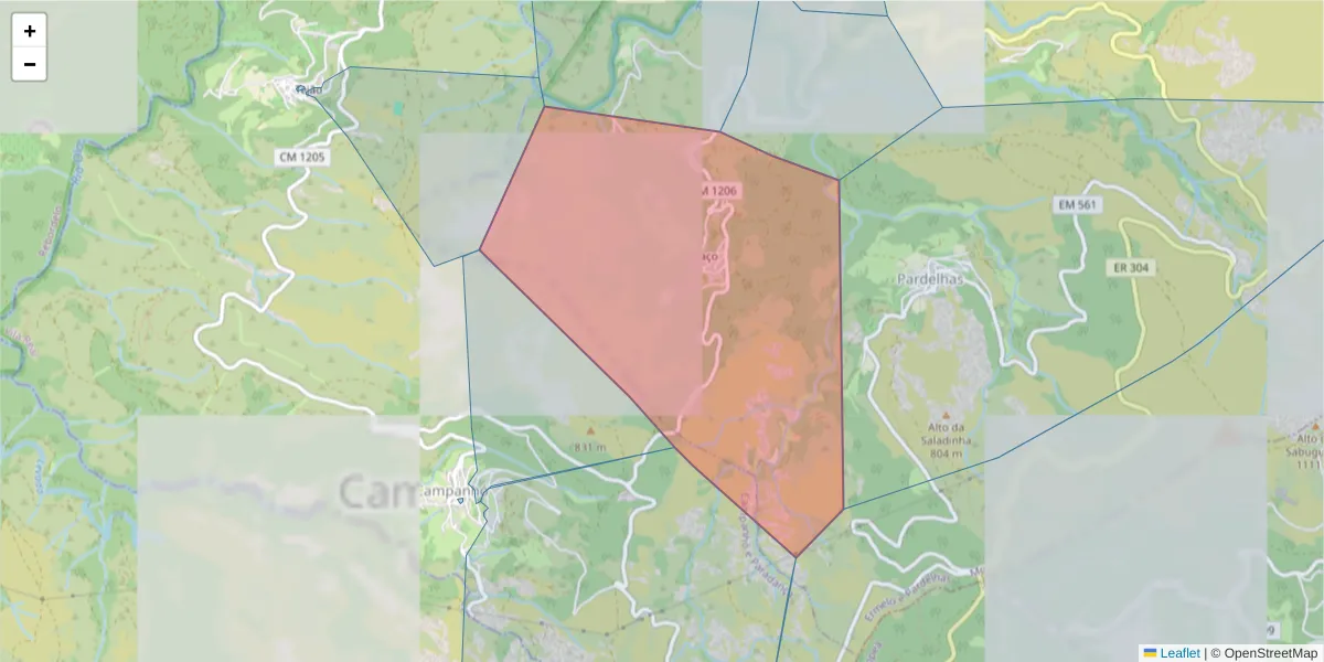 Mapa detalhado do código postal 4880-136 com limites, códigos postais vizinhos e agências dos correios