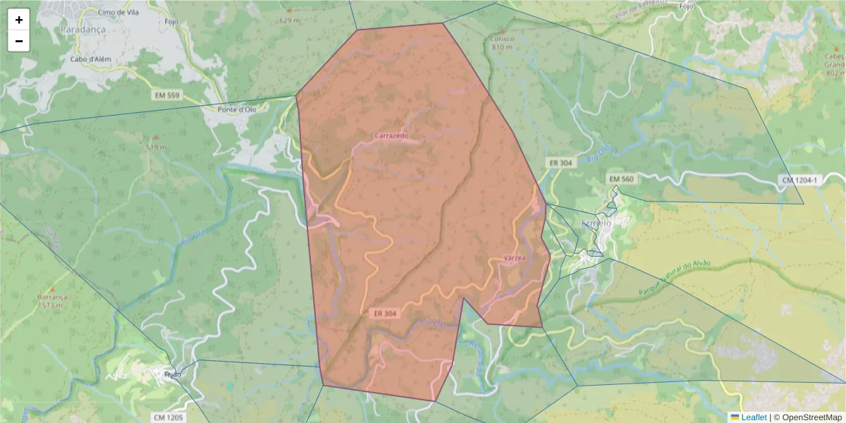 Mapa detalhado do código postal 4880-139 com limites, códigos postais vizinhos e agências dos correios