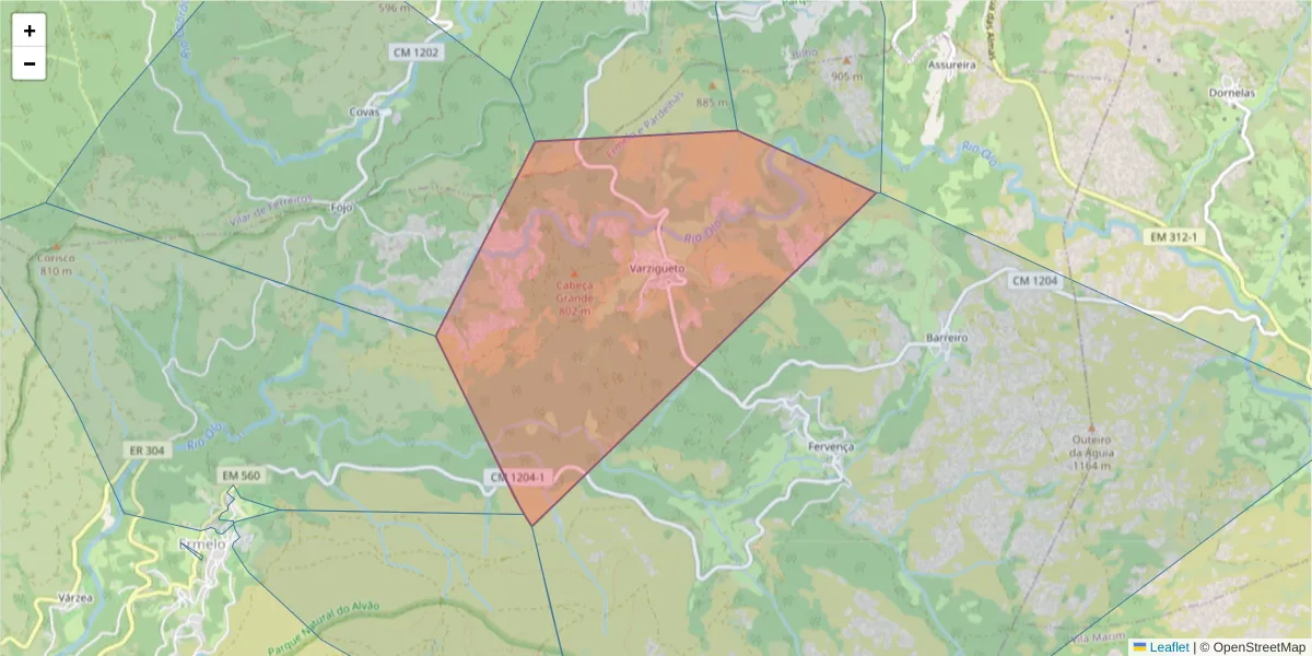 Mapa detalhado do código postal 4880-140 com limites, códigos postais vizinhos e agências dos correios