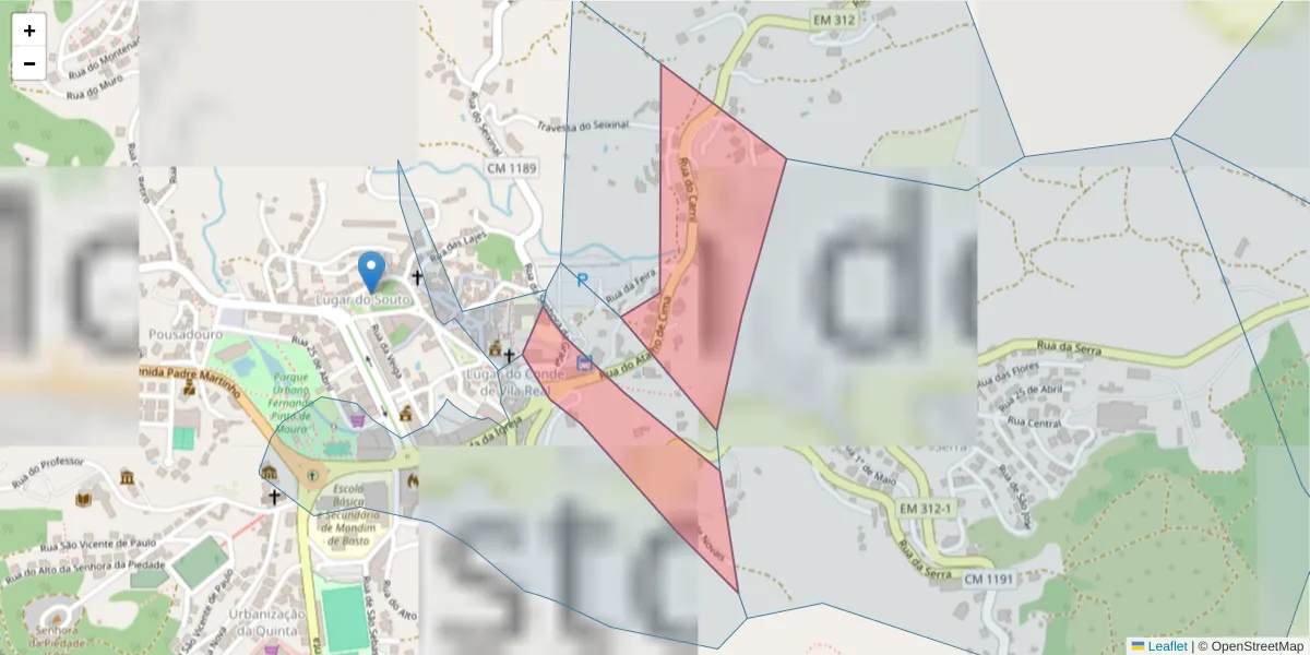 Mapa detalhado do código postal 4880-163 com limites, códigos postais vizinhos e agências dos correios