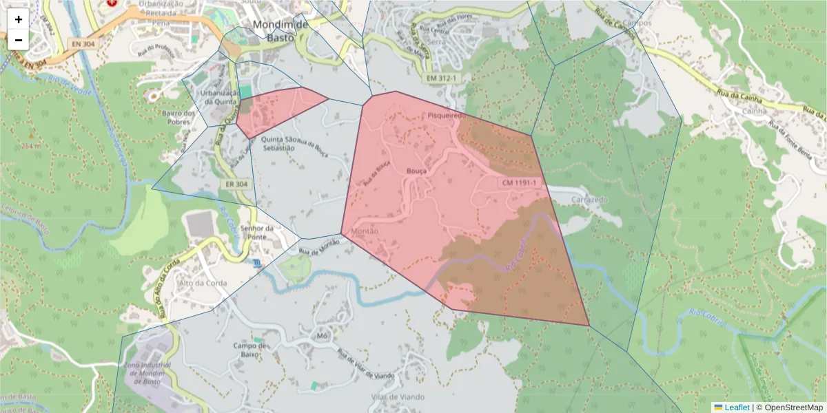 Mapa detalhado do código postal 4880-165 com limites, códigos postais vizinhos e agências dos correios