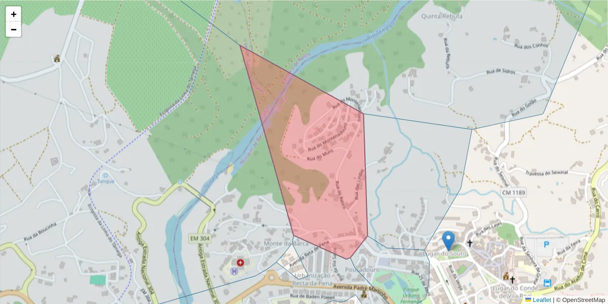 Mapa detalhado do código postal 4880-168 com limites, códigos postais vizinhos e agências dos correios