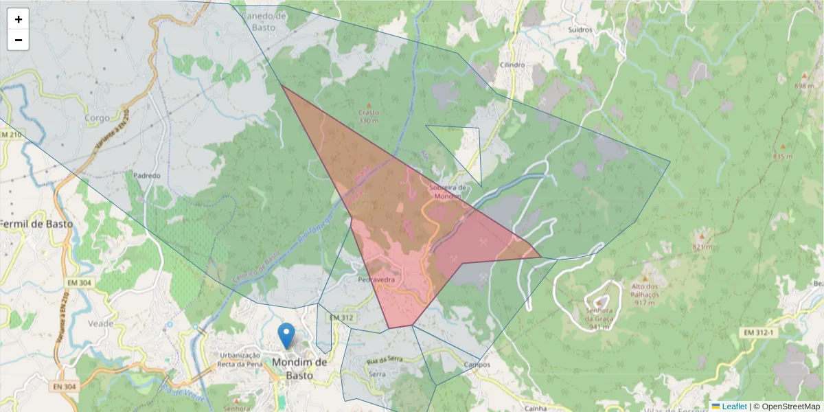 Mapa detalhado do código postal 4880-191 com limites, códigos postais vizinhos e agências dos correios