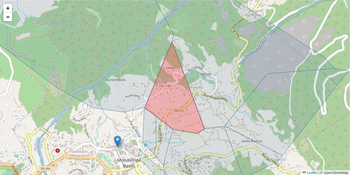Mapa detalhado do código postal 4880-207 com limites, códigos postais vizinhos e agências dos correios