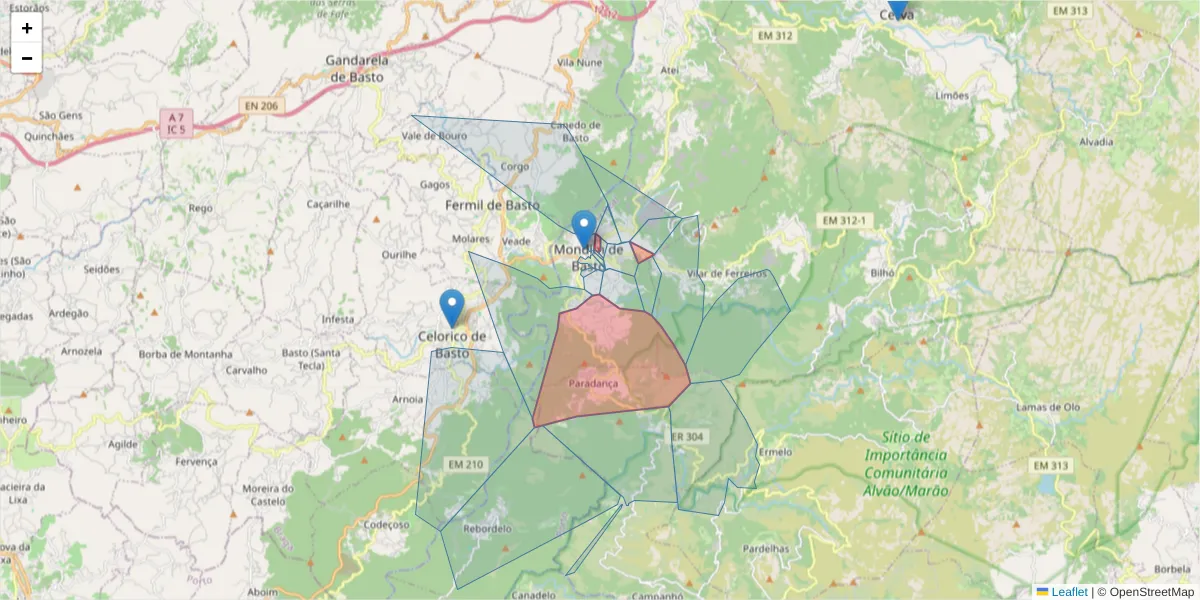 Mapa detalhado do código postal 4880-212 com limites, códigos postais vizinhos e agências dos correios