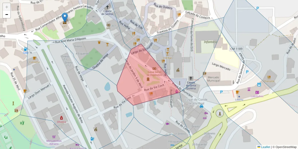 Mapa detalhado do código postal 4880-238 com limites, códigos postais vizinhos e agências dos correios