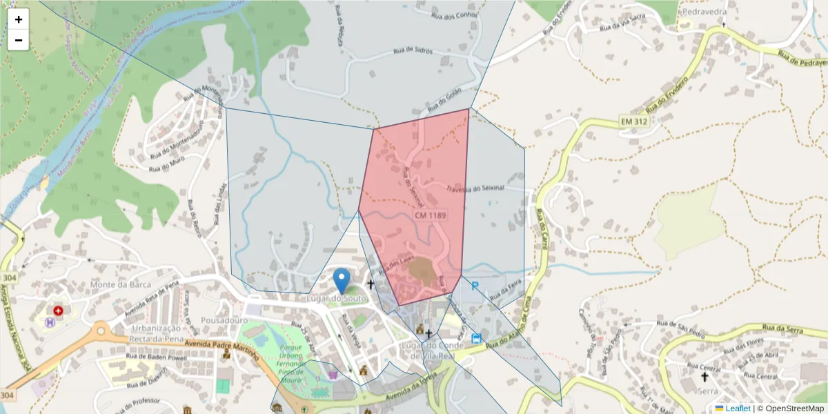 Mapa detalhado do código postal 4880-250 com limites, códigos postais vizinhos e agências dos correios