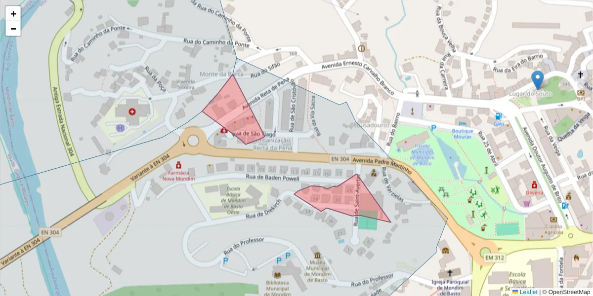 Mapa detalhado do código postal 4880-260 com limites, códigos postais vizinhos e agências dos correios