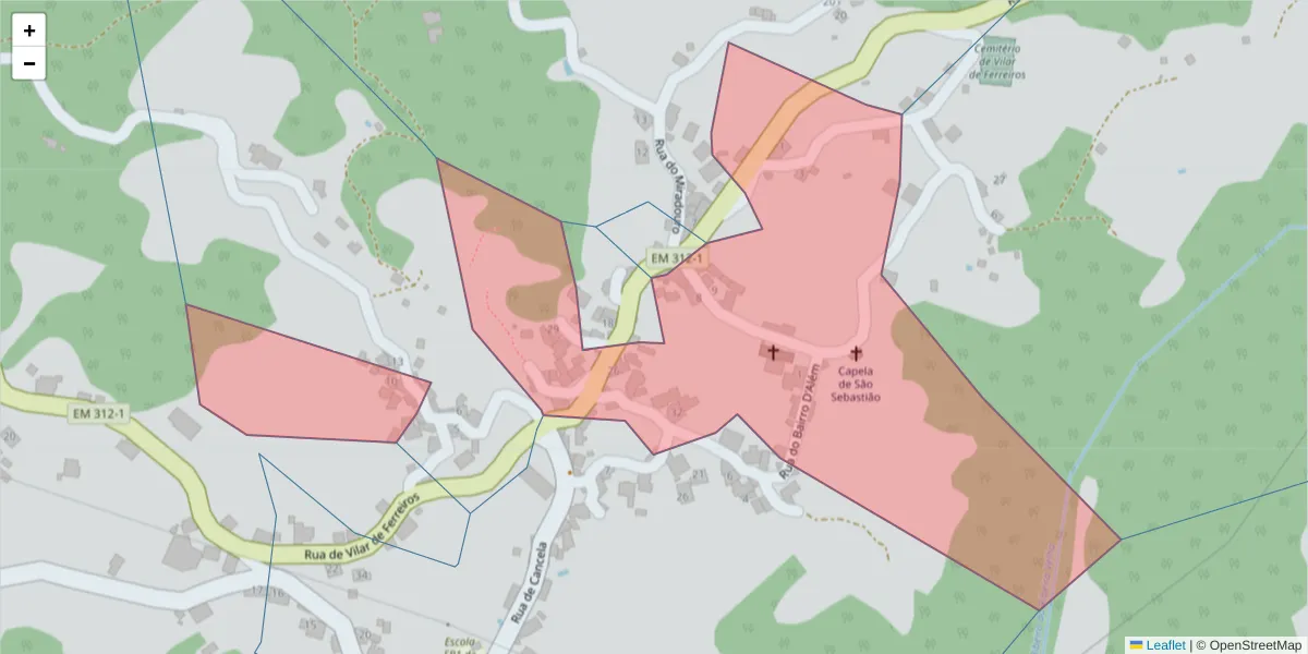 Mapa detalhado do código postal 4880-301 com limites, códigos postais vizinhos e agências dos correios