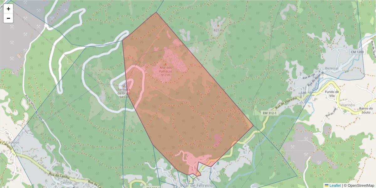 Mapa detalhado do código postal 4880-308 com limites, códigos postais vizinhos e agências dos correios