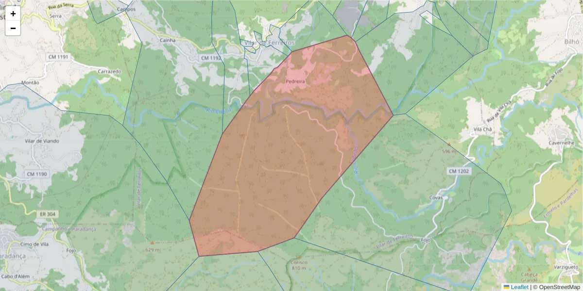 Mapa detalhado do código postal 4880-310 com limites, códigos postais vizinhos e agências dos correios