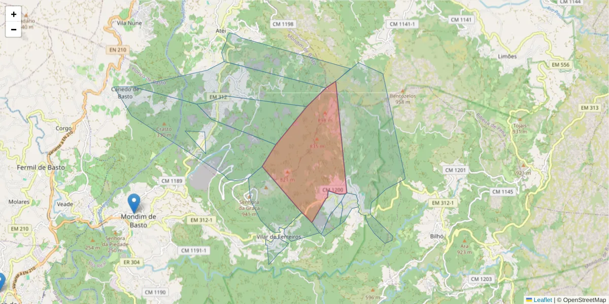 Mapa detalhado do código postal 4880-314 com limites, códigos postais vizinhos e agências dos correios