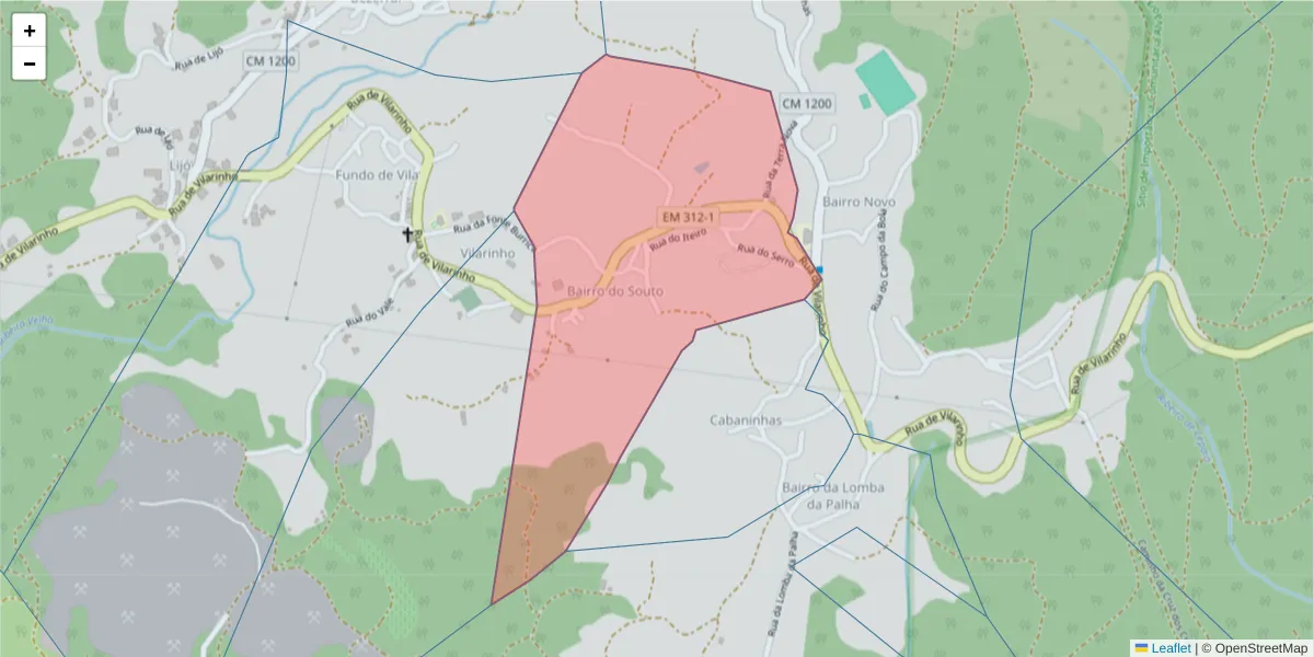 Mapa detalhado do código postal 4880-317 com limites, códigos postais vizinhos e agências dos correios