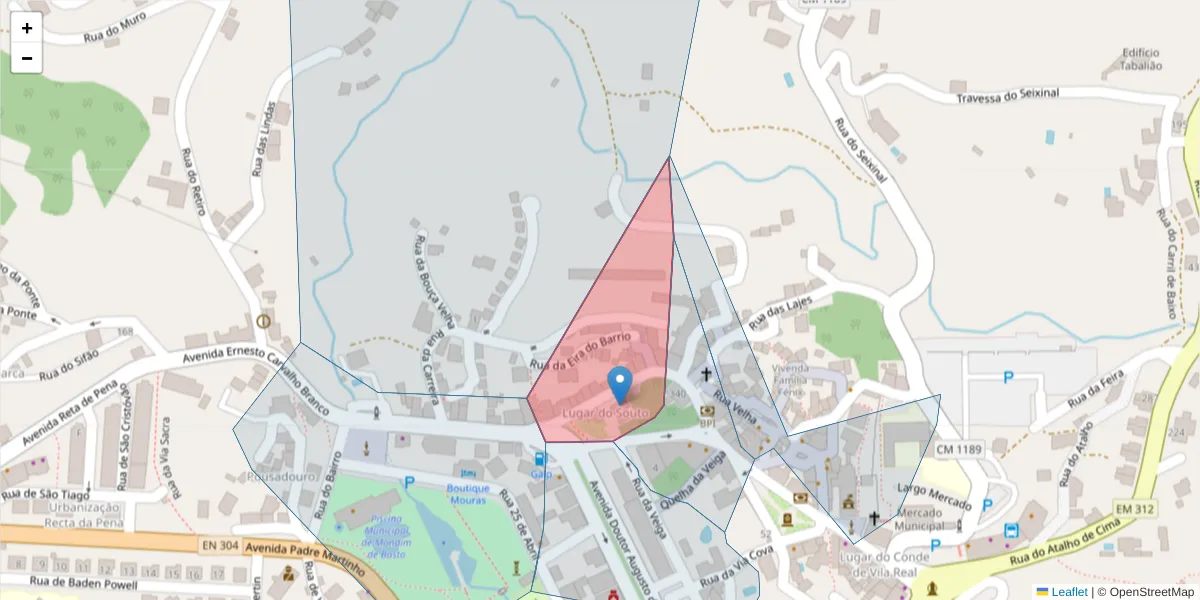 Mapa detalhado do código postal 4880-998 com limites, códigos postais vizinhos e agências dos correios
