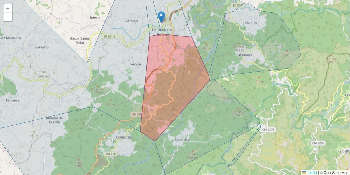 Mapa detalhado do código postal 4890-221 com limites, códigos postais vizinhos e agências dos correios