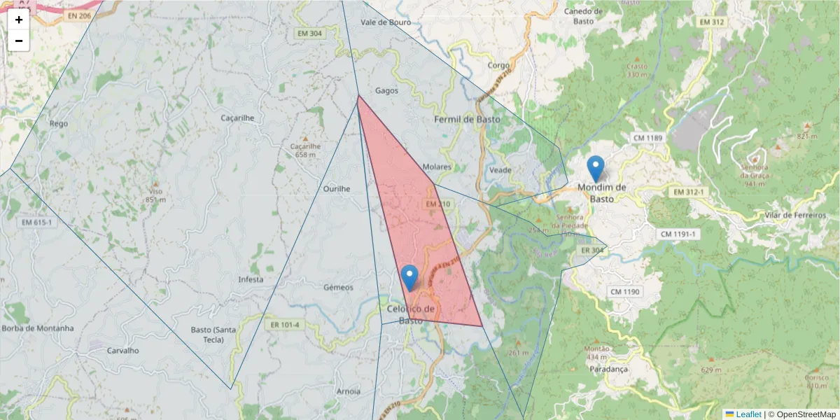 Mapa detalhado do código postal 4890-226 com limites, códigos postais vizinhos e agências dos correios