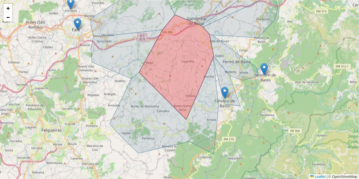 Mapa detalhado do código postal 4890-397 com limites, códigos postais vizinhos e agências dos correios