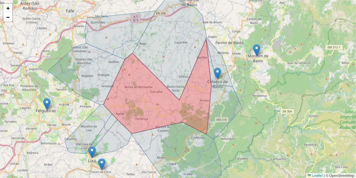 Mapa detalhado do código postal 4890 com limites, códigos postais vizinhos e agências dos correios