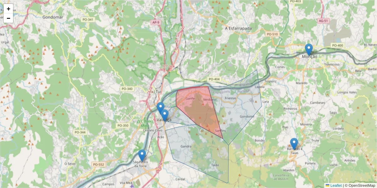 Mapa detalhado do código postal 4930-352 com limites, códigos postais vizinhos e agências dos correios