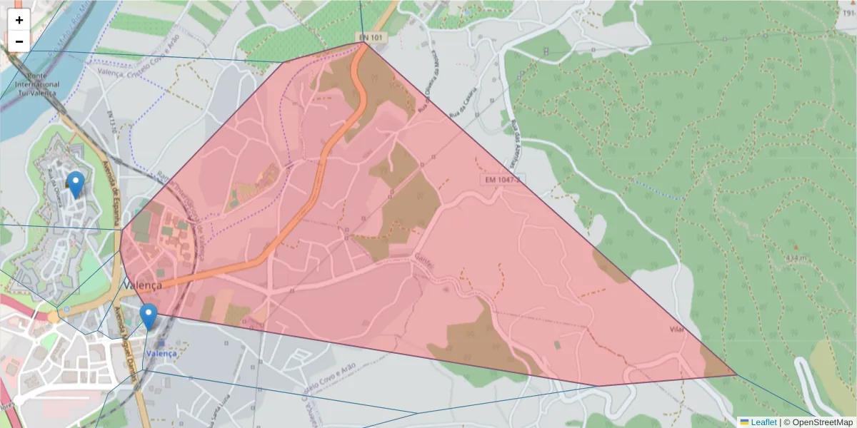 Mapa detalhado do código postal 4930-674 com limites, códigos postais vizinhos e agências dos correios