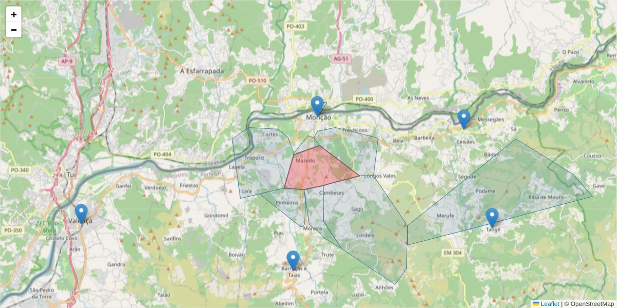 Mapa detalhado do código postal 4950-288 com limites, códigos postais vizinhos e agências dos correios