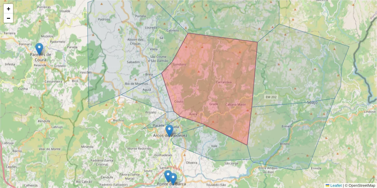 Mapa detalhado do código postal 4970-130 com limites, códigos postais vizinhos e agências dos correios