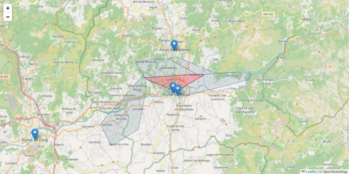 Mapa detalhado do código postal 4970-242 com limites, códigos postais vizinhos e agências dos correios
