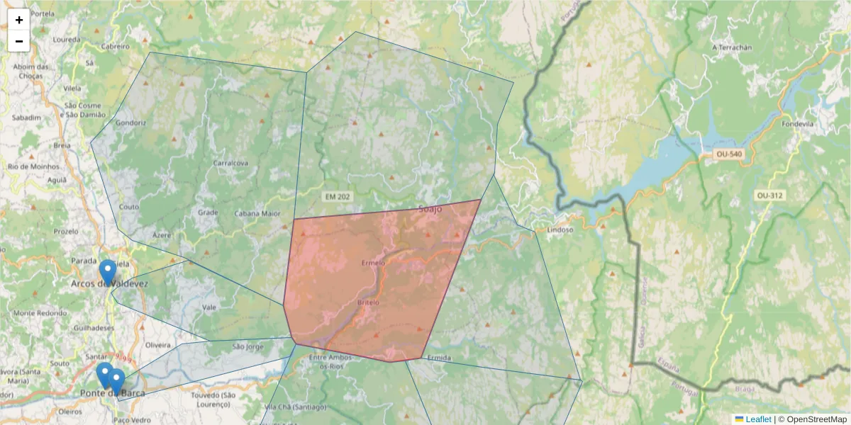 Mapa detalhado do código postal 4970-655 com limites, códigos postais vizinhos e agências dos correios