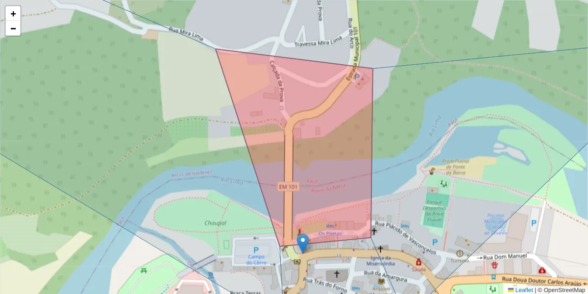 Mapa detalhado do código postal 4980-629 com limites, códigos postais vizinhos e agências dos correios