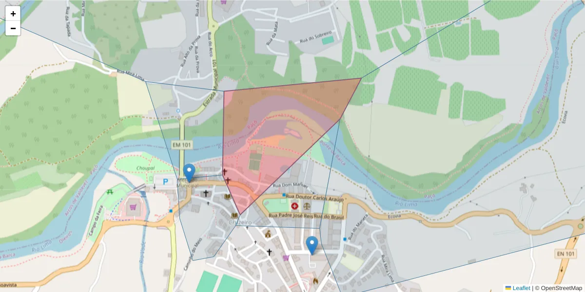 Mapa detalhado do código postal 4980-637 com limites, códigos postais vizinhos e agências dos correios