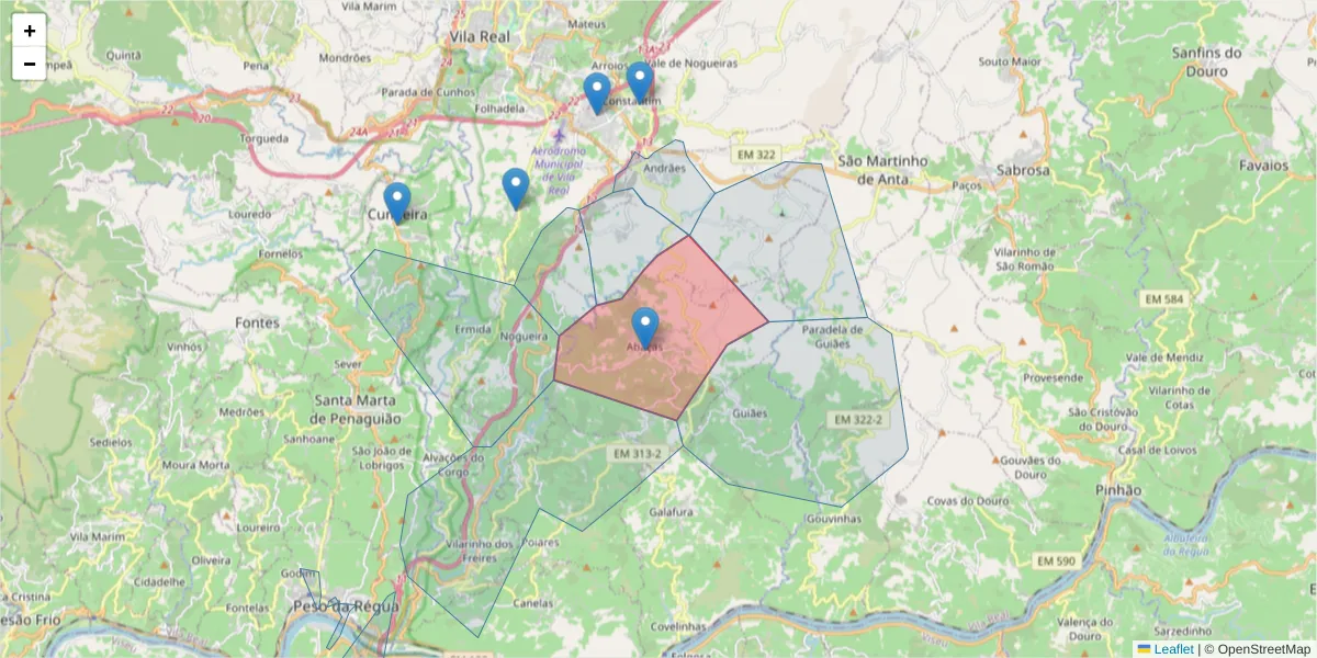 Mapa detalhado do código postal 5000-014 com limites, códigos postais vizinhos e agências dos correios