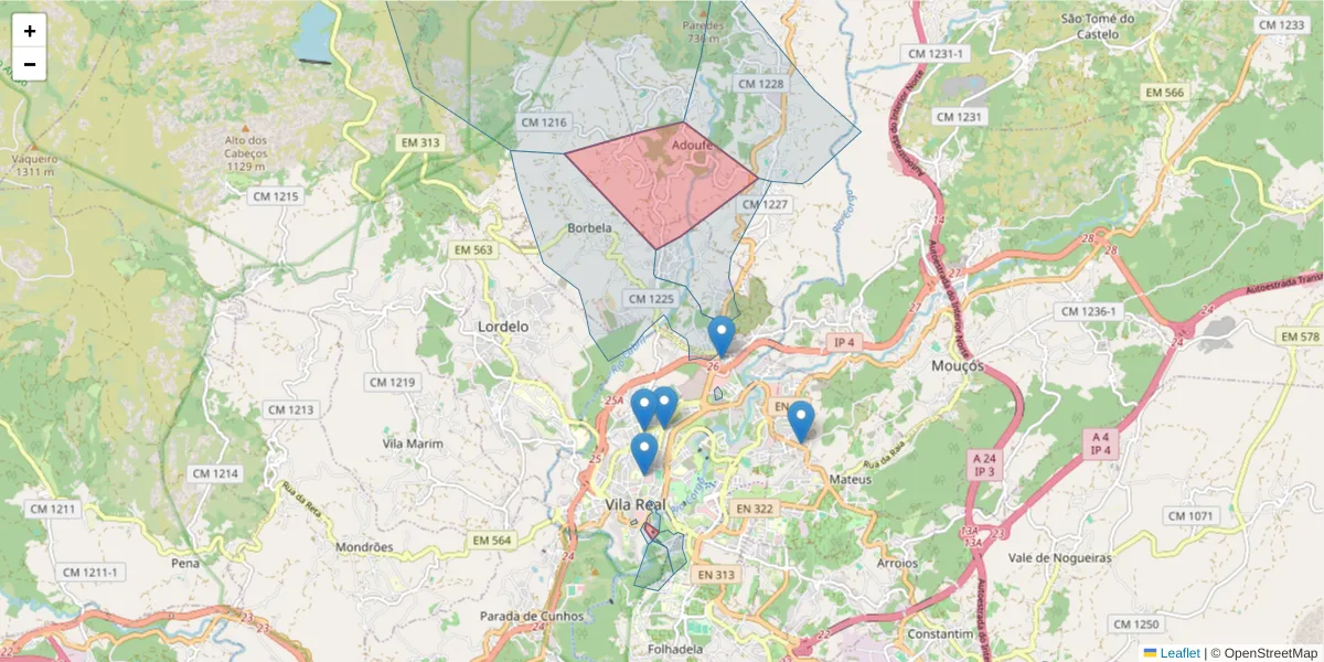 Mapa detalhado do código postal 5000-026 com limites, códigos postais vizinhos e agências dos correios