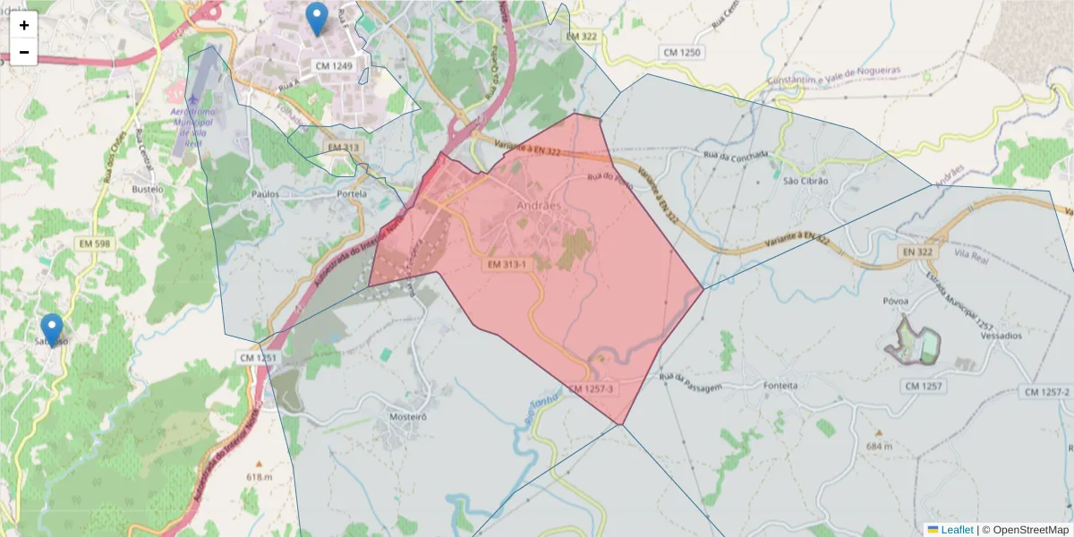Mapa detalhado do código postal 5000-033 com limites, códigos postais vizinhos e agências dos correios