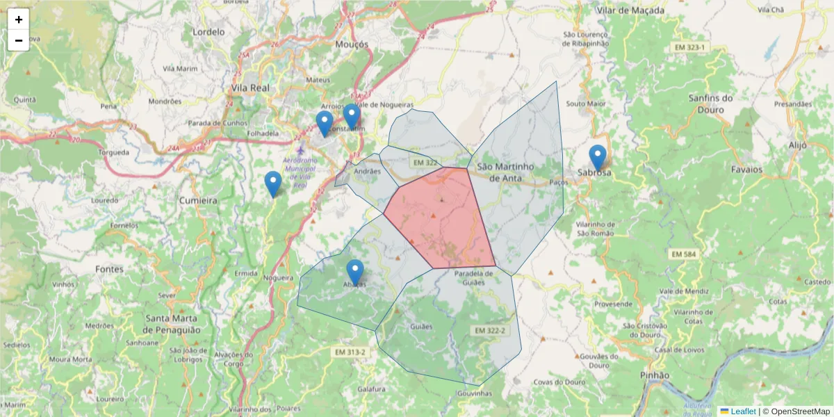 Mapa detalhado do código postal 5000-034 com limites, códigos postais vizinhos e agências dos correios