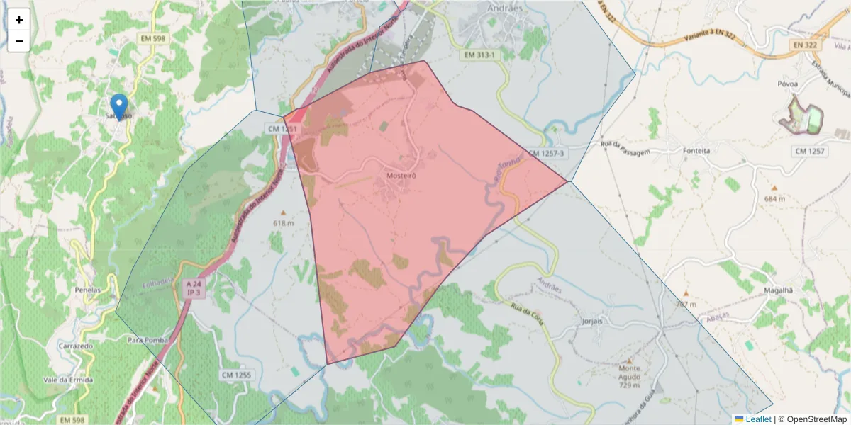 Mapa detalhado do código postal 5000-036 com limites, códigos postais vizinhos e agências dos correios