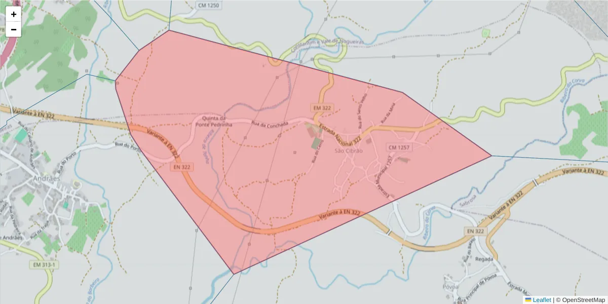 Mapa detalhado do código postal 5000-039 com limites, códigos postais vizinhos e agências dos correios